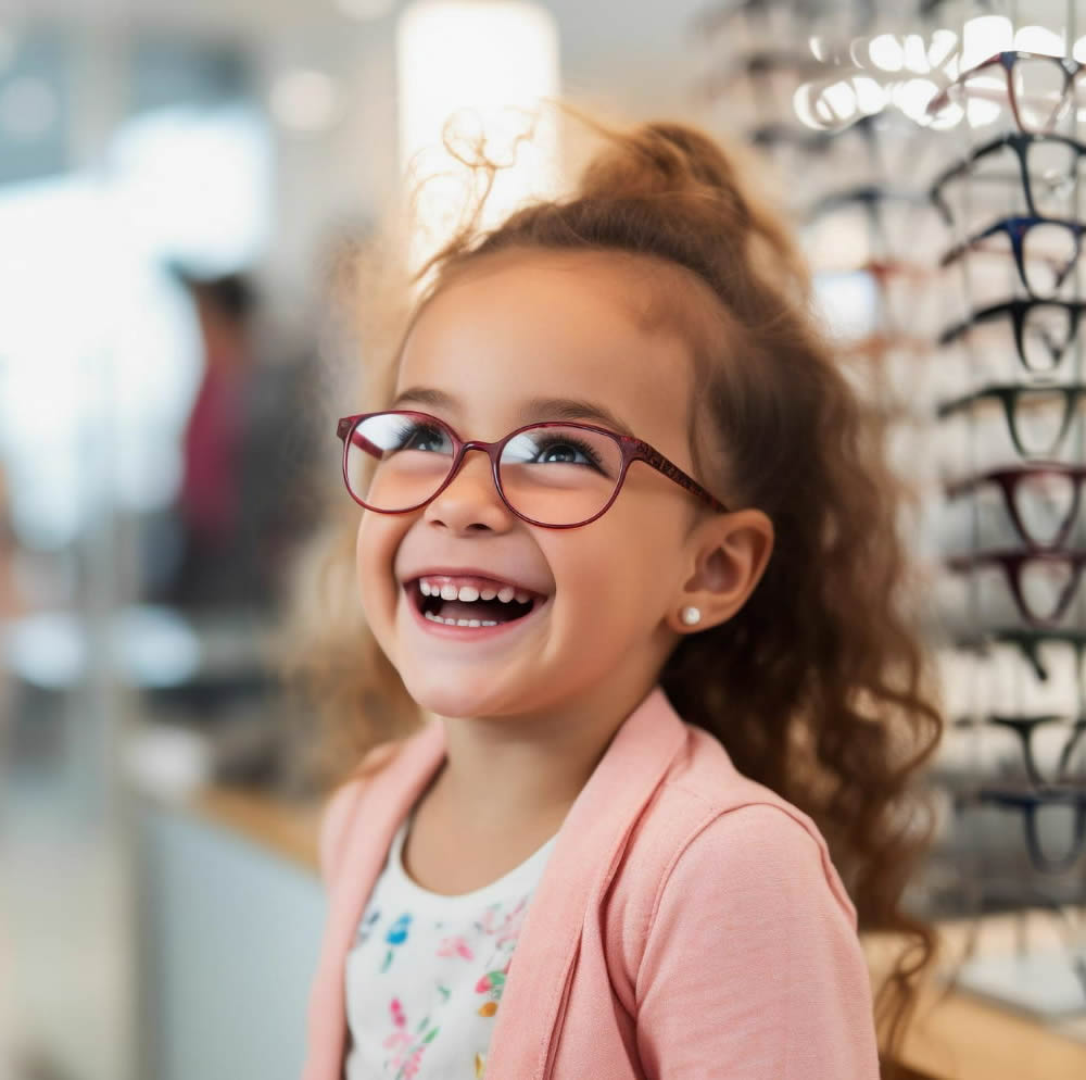 criança sorridente usando óculos de grau após seus pais descobrirem um recente problema de visão