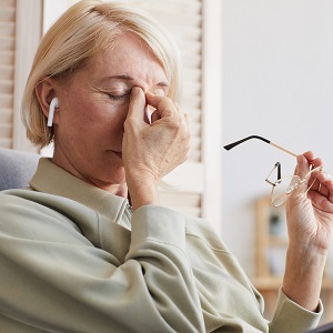 Pessoa tendo os primeiros sintomas de um possível problema de visão após realizar hábitos inapropriados para a saúde dos olhos.